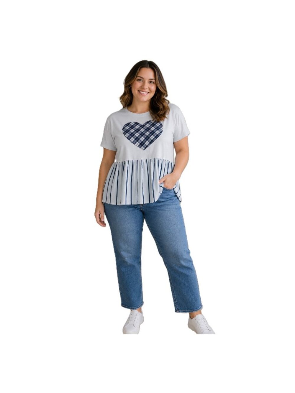 Upcycled Peplum T-Shirt Top Fits XL 1X 2X Reworked Plaid Heart Applique BluWhite - Picture 2 of 14